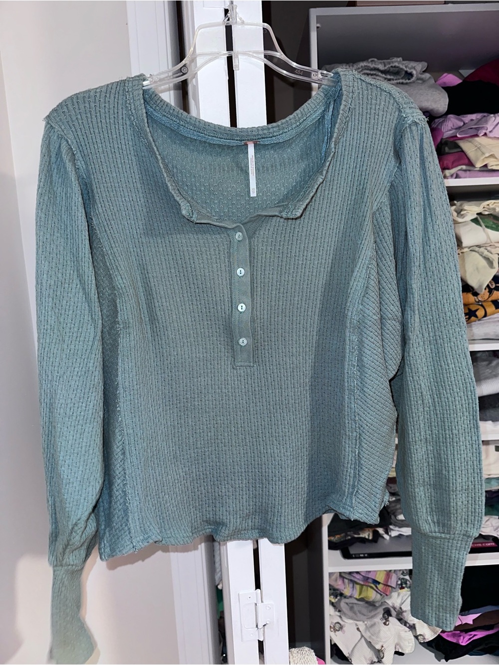 Free People Sage Green Waffle Henley Long Sleeve Top